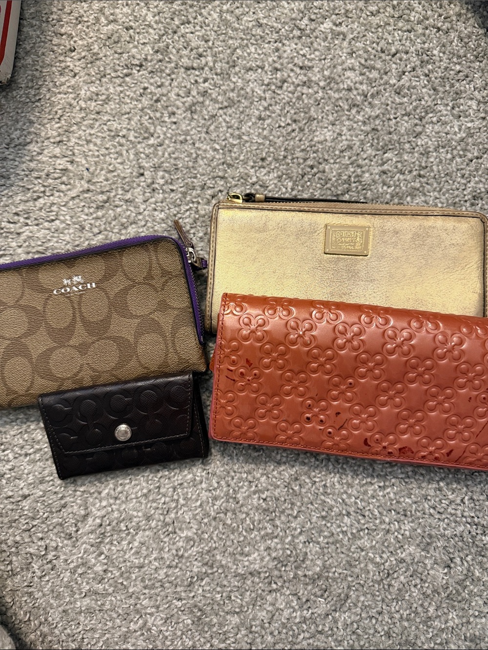 COACH Assorted Wallet Trio in Brown, Gold and Rust with Purple Accent Preloved